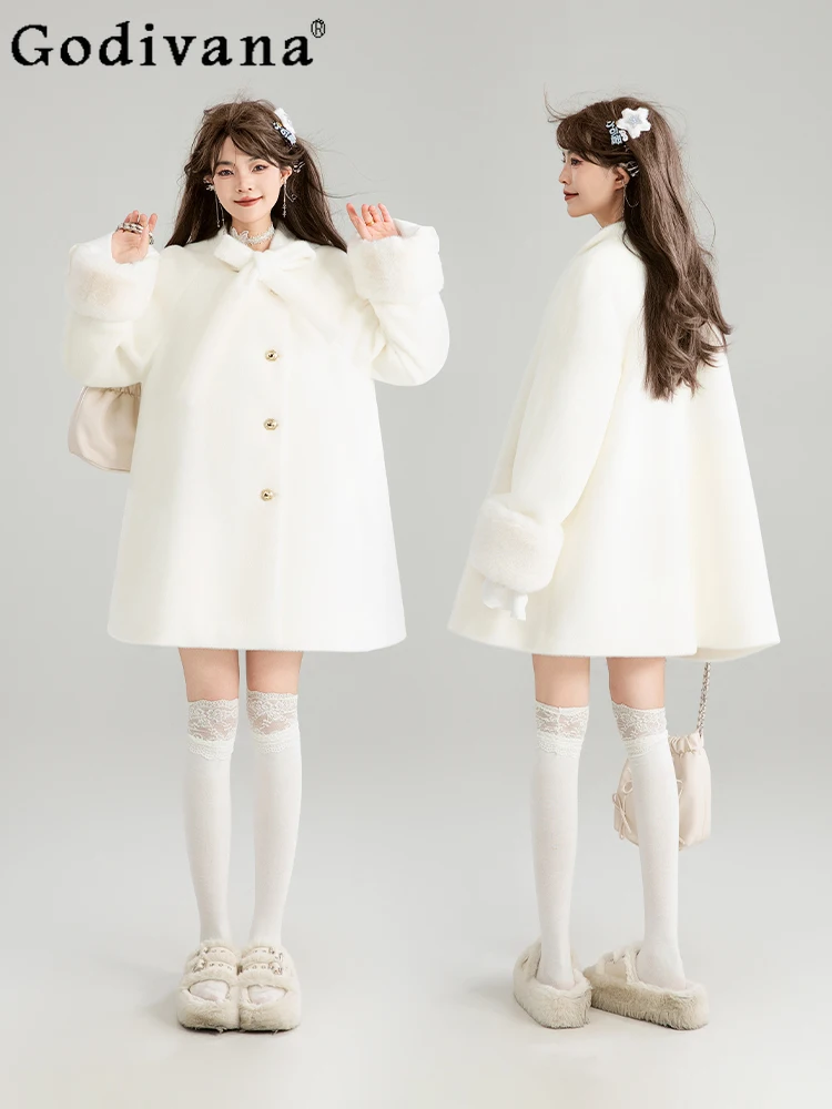 

Sweet Cute Girls White Woolen Coated Womens 2024 Winter French Celebrity Style Cape Woolen Jackets Warm Thickened Long Overcoat