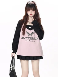 Y2k Aesthetic Clothes 2 Piece Set Women Butterfly Print Contrast Color Loose Sweatshirt + Solid Love Vest Streetwear Fairy Tops