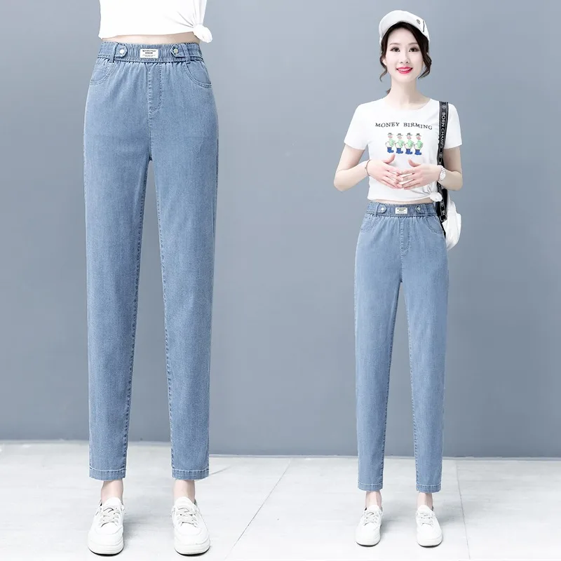 

Широкие джинсы Харлан из ледяного шелка, женские свободные прямые летние тонкие хлопковые эластичные джинсовые брюки с высокой талией, ощущение прохлады