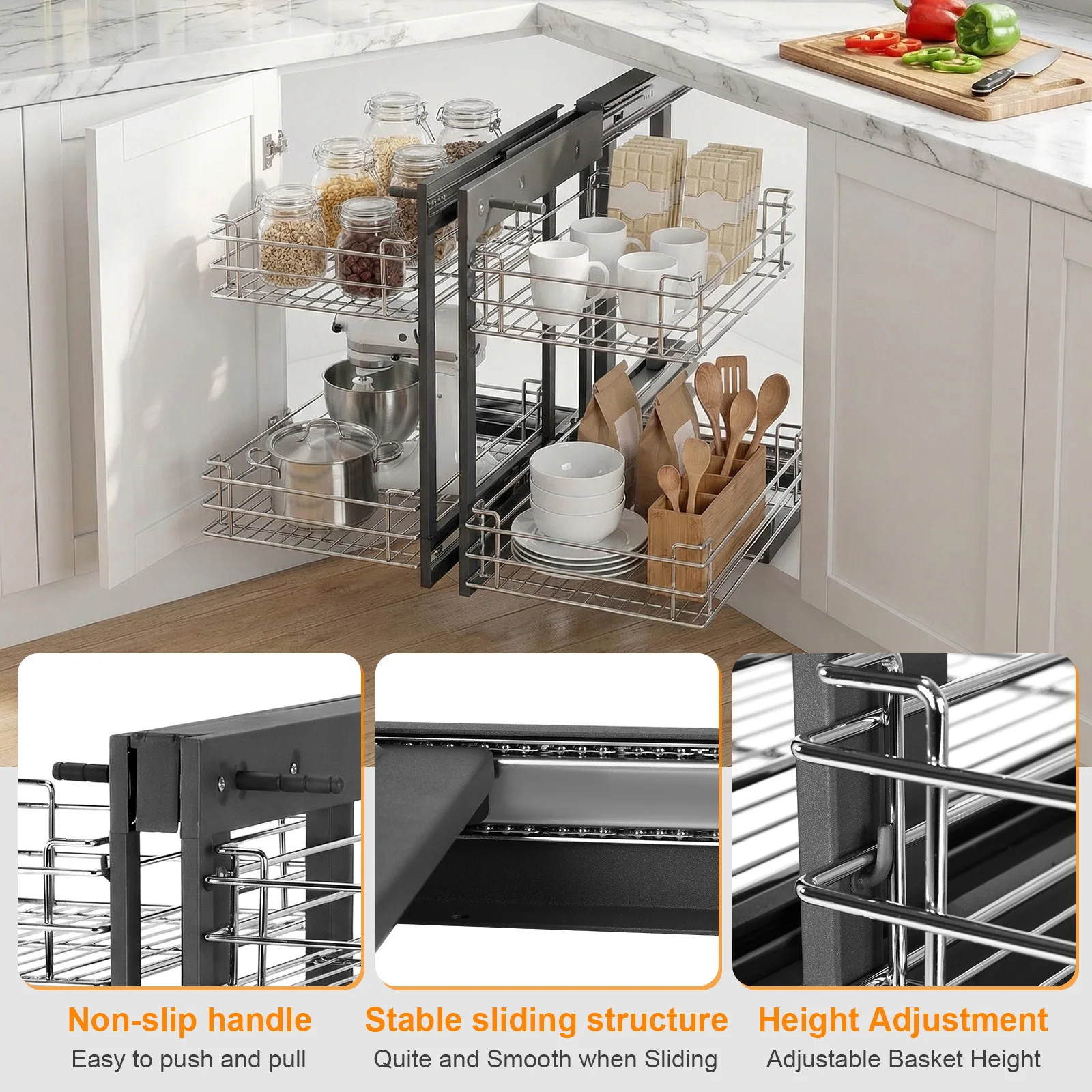 

Slide Out Drawers 2 Tier Wire Bottom Storage Basket 4 Shelves Conseal Corner Pull Out Shelf for Bowls Dishes Seasoning Bottle