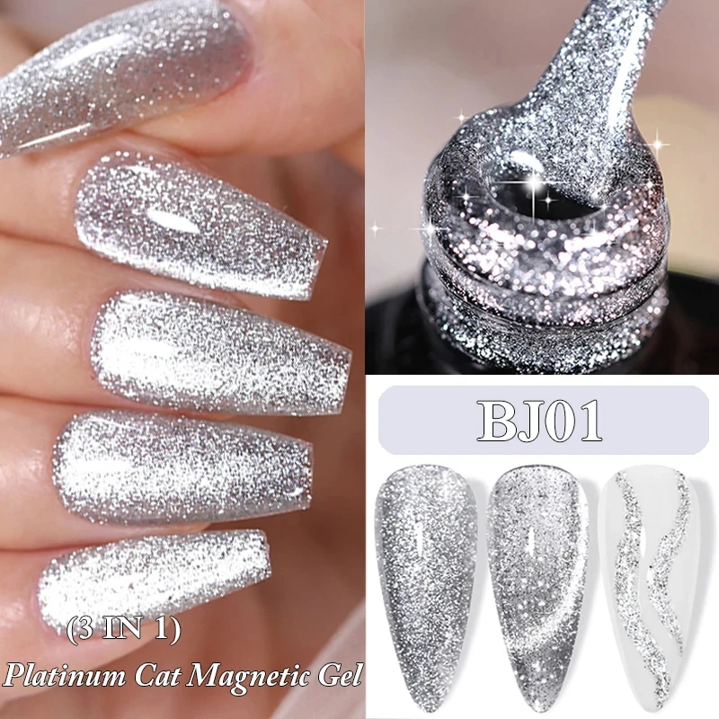 LILYCUTE 7ML Platinum Silver Moonlight Cat Magnetic Gel Polish Soak Off Glitter Gel Nail Polish Semi Permanent UV Gel Nail Art