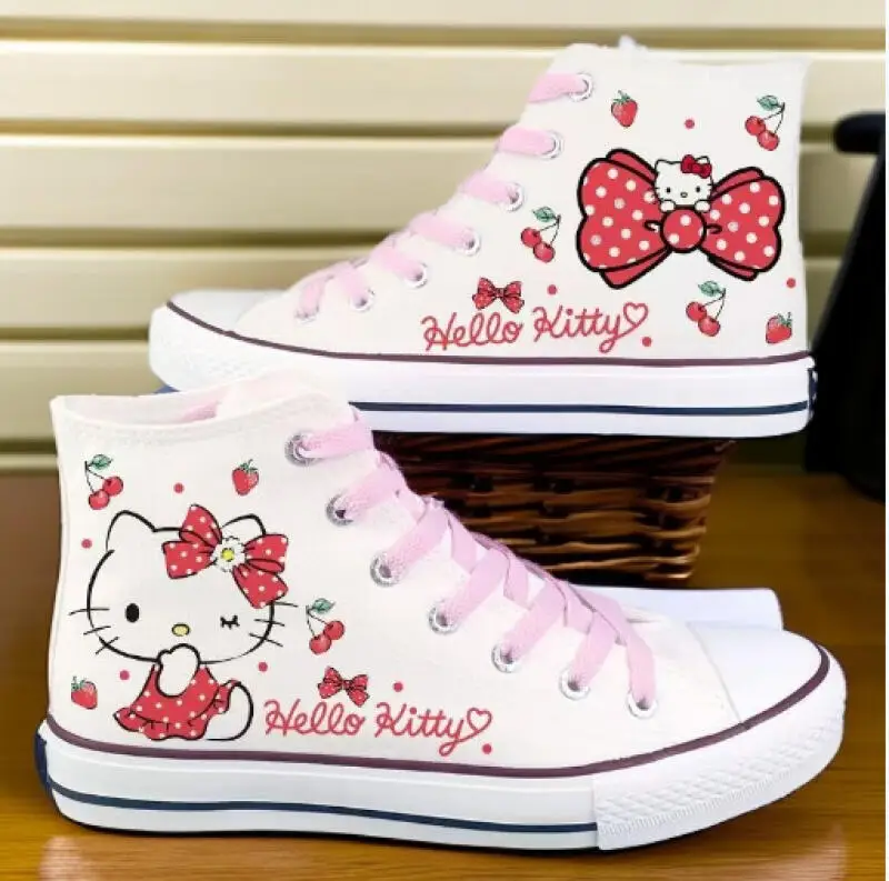 

2025 г., парусиновая обувь для пар Hello Kitty, милые санрио аниме Kt, мужская и женская повседневная обувь для девочек, студенческие трендовые туфли на толстой подошве