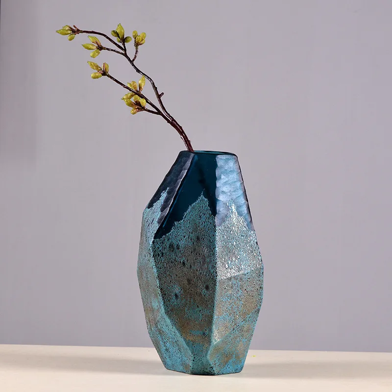 Factory direct sales European blue geometric grinding glass vase, living room flower arrangement, hotel model room decoration