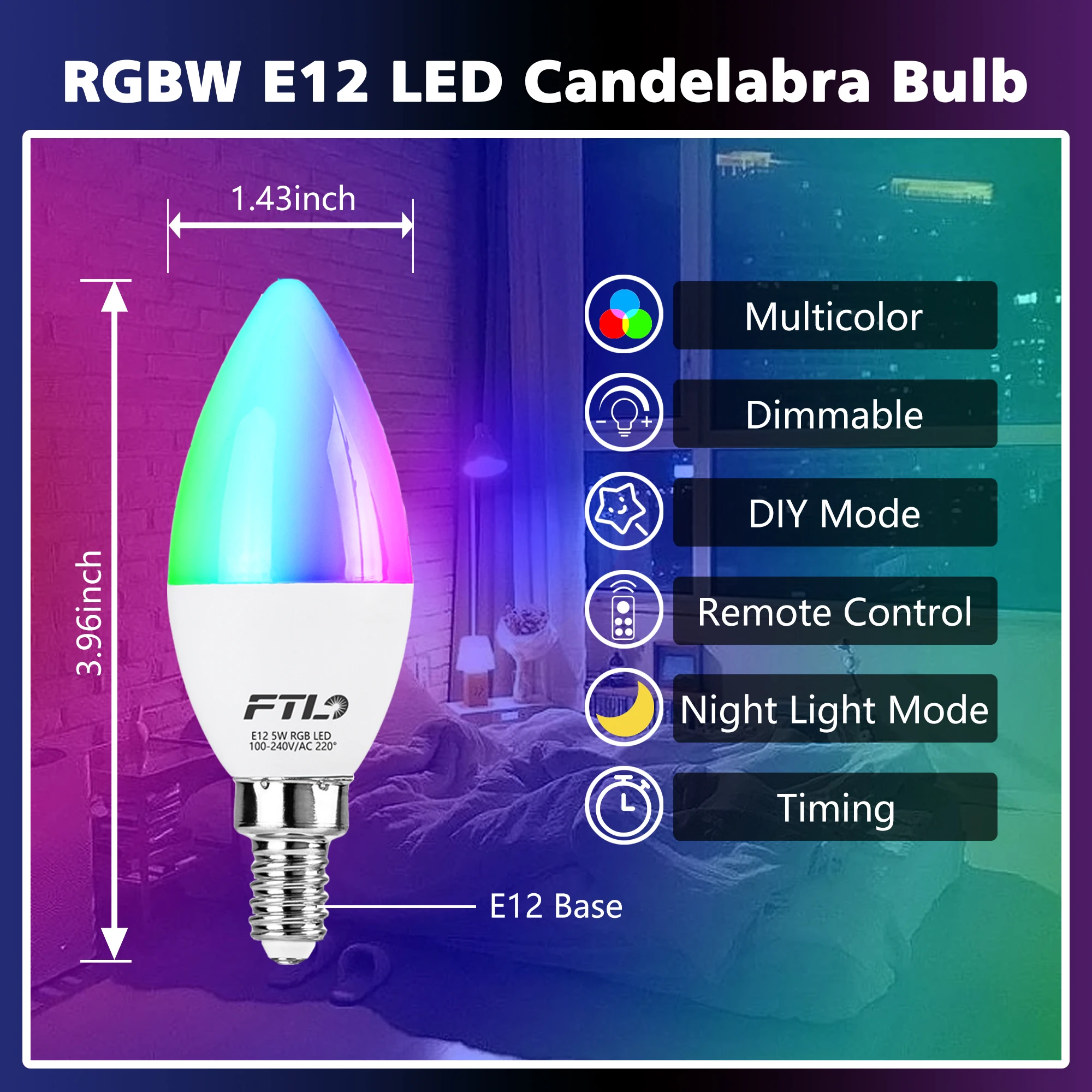 E12 LED Color Changing Candelabra Light Bulb with Remote Control 5W 2700K-6000K Light Bulbs Dimmable 30 Colors RGB  6-Pack