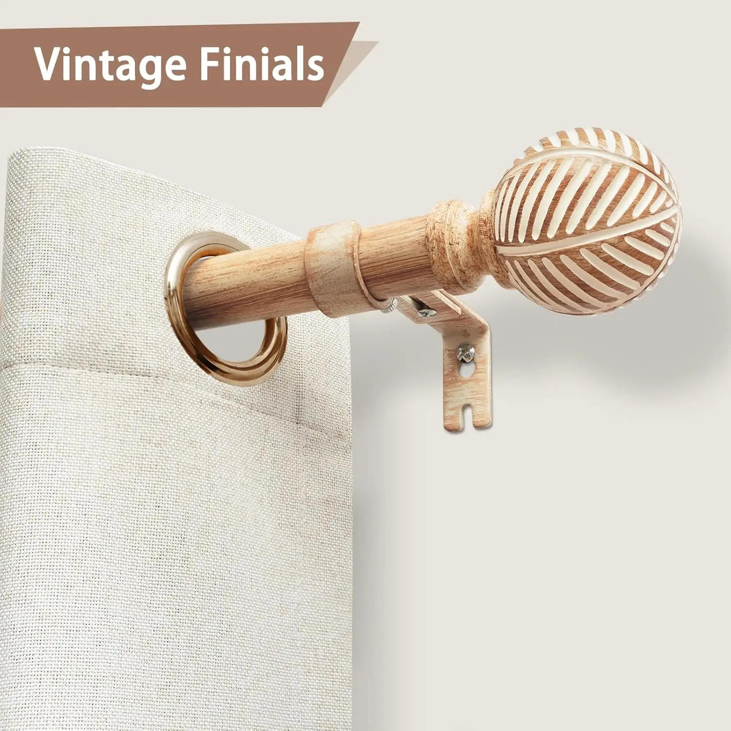 Wood Curtain Rods for Windows 32 to 168, 1 Inch Heavy Duty Drapery Rods with Imitation Wood Grain Leaf Pattern Finials, Indoor