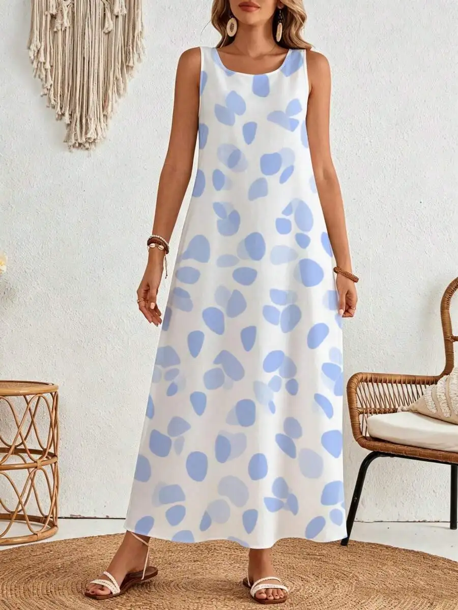 

Sleeveless Maxi Dress White With Blue Abstract Print Summer Beach Vacation Wear