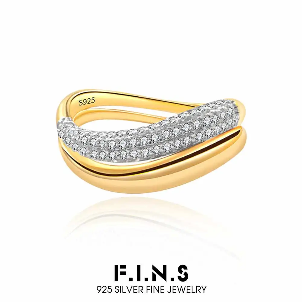F.I.N.S Luxury S925 Sterling Silver Ring Combination Wave Smooth Zircon Stackable Index Mid Finger Fashion Fine Jewelry Gifts