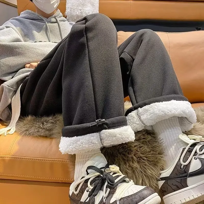 

Men's Winter Faion Sports Pants Thiened Fce Lined Casual Loose Fit Outdoor Wear Sweatpants Cuffed Straight Leg Trousers