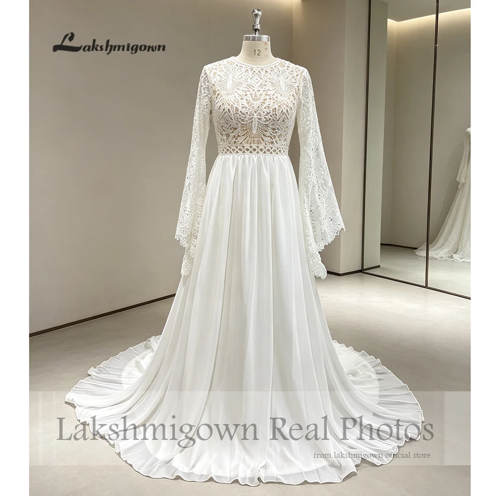 Lakshmigown Bohemian Hochzeitskleid Boho Spitzenoberteil Chiffon Lange Glockenärmel Cut-Out Schleppe Formelles Brautkleid Maßanfertigung – Detail 5