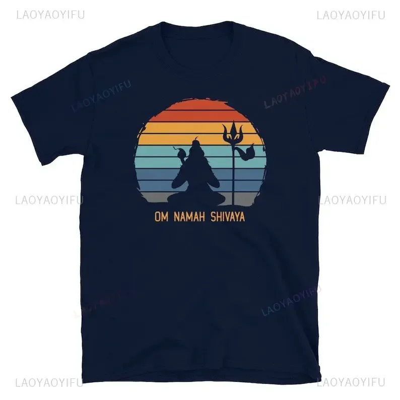 Retro Sunset Shiva Meditating Om Namah Shivaya Man T-Shirt Summer Woman Classic O-neck High Quality Cotton Printed Tshirt