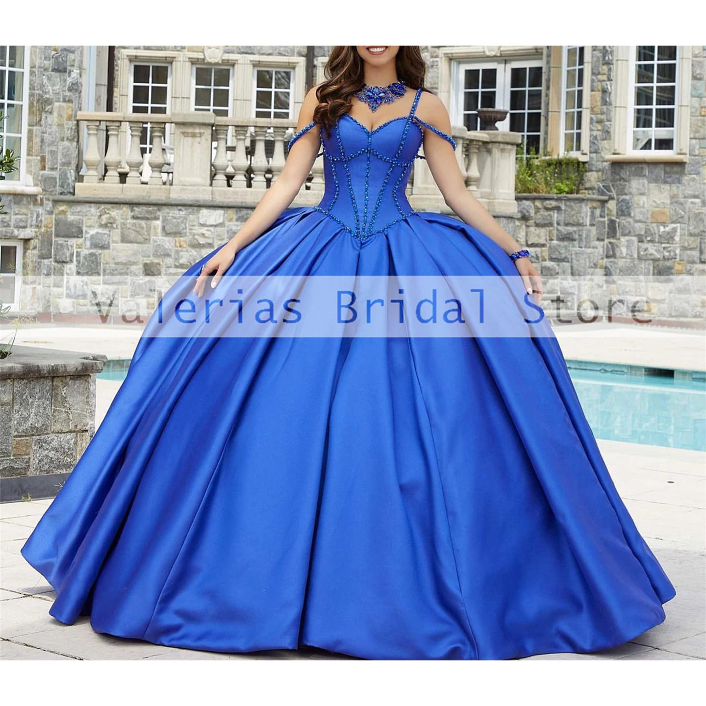 Elegante azul cetim Quinceanera Vestidos, Beads Sweetheart Bow, Princesa vestido de baile, Aniversário Prom Dress, 15