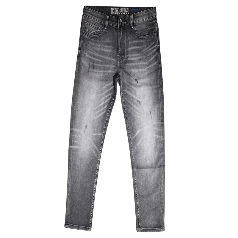 European Vintage Fashion Men Jeans High Quality Retro Gray Elastic Slim Fit Ripped Jeans Men Casual Designer Denim Pants Hombre