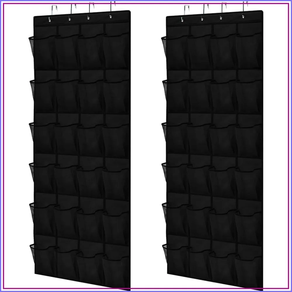 Over the Door Shoe Organizer, 2 Pack, 24 Breathable Mesh Pockets, Space Saving Hanging Storage Holder, Closet Rack Hanger Holds Up to 40 lbs, Hangs on Closets, Shoes, Accessories, Black