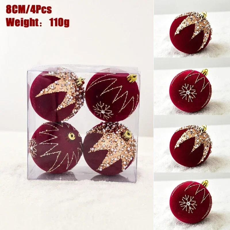 6/8cm 4pcs Christmas Balls Ornaments Wine Red Flocking Christmas Tree Party Decoration New Year Christmas Spheres 2023