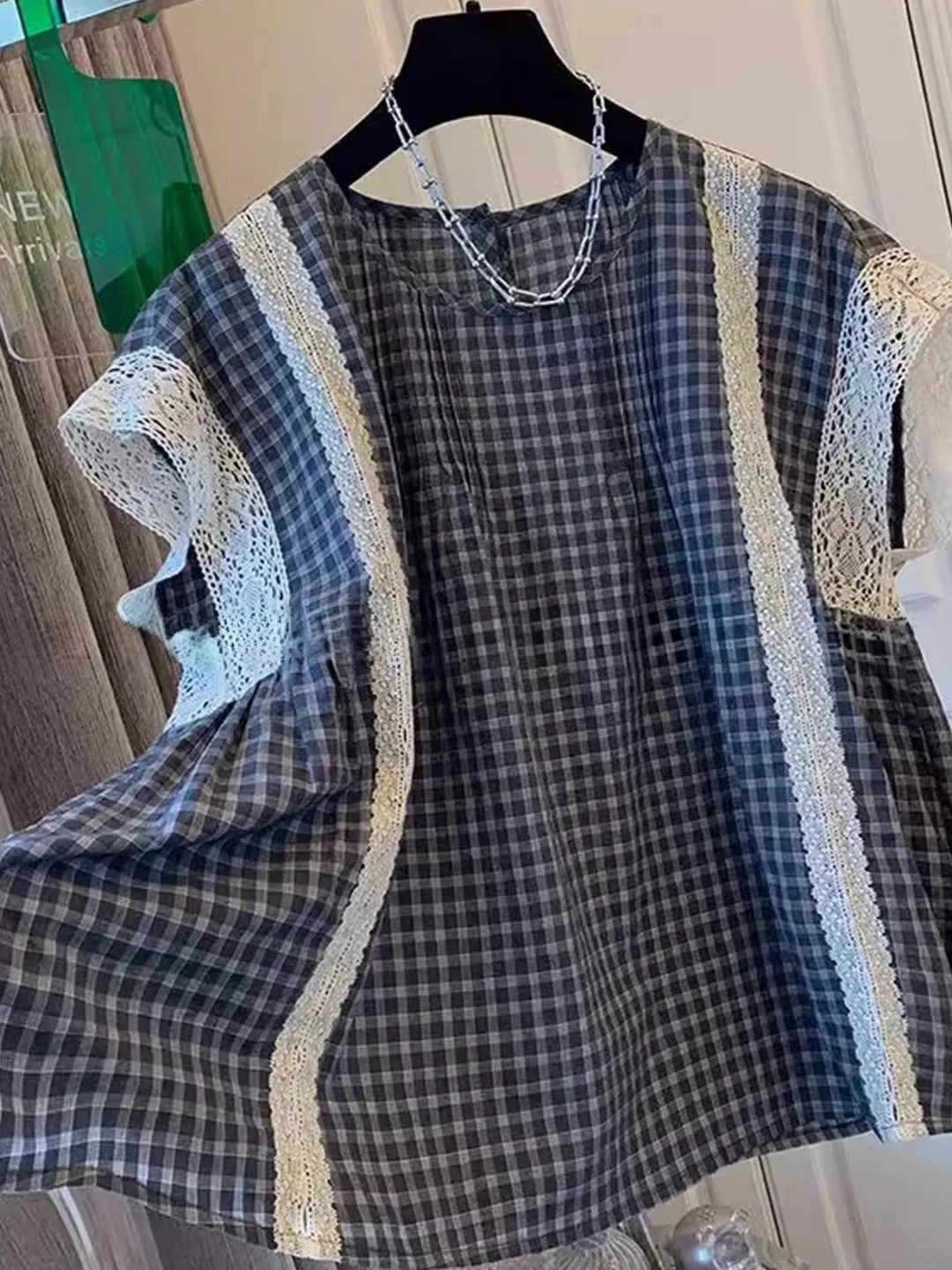 

Casual Loose Plaid T-irt with Lace Splicing ort Sve round Ne Summer Top for plus Size Women Age Reduction Versatile