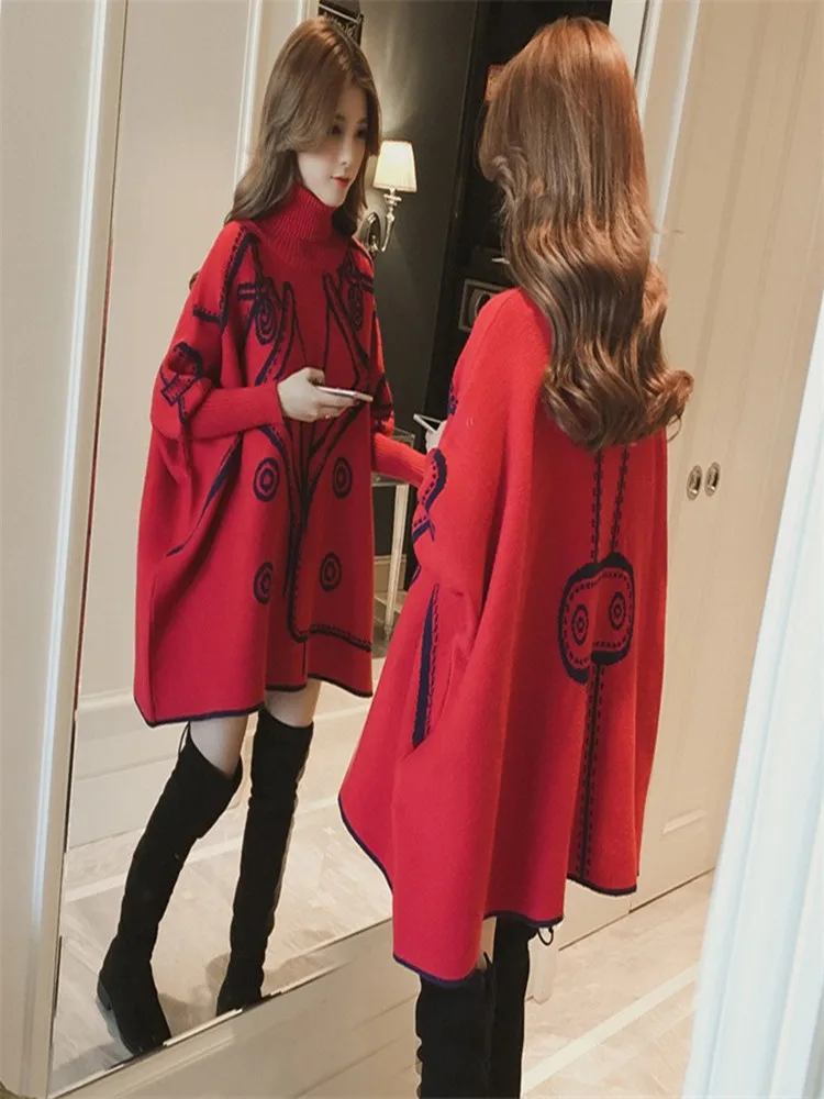 Rouge chauve-souris Sve col haut pull tricoté femme ample longueur moyenne manteau tricoté automne hiver nouveau Sle rétro Faion
