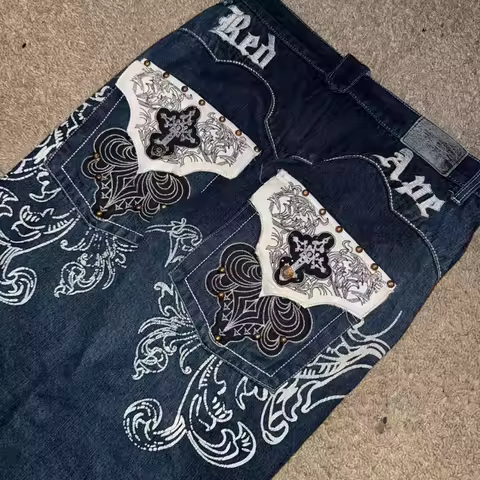 American New Pattern Embroidery Baggy Jeans Male Y2K High Streetwear Vntage Hip-hop Fashion Casual Joker Couple Wide-leg Pants