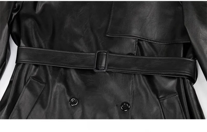 Spring Autumn Long Oversized Black Pu Leather Trench Coat for Women Belt Double Breasted Loose Casual Maxi Overcoat
