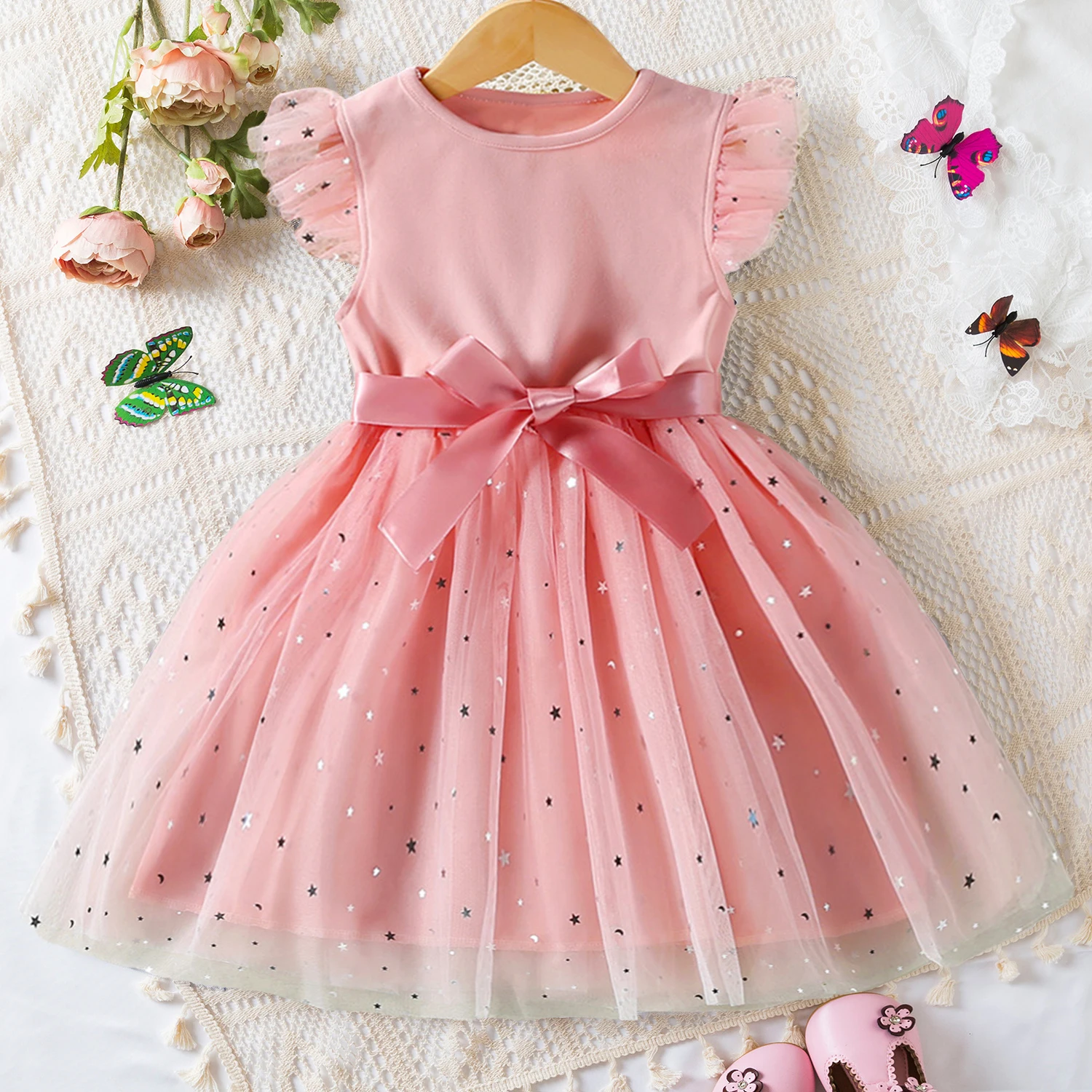 Sweet Girls Summer Flying Sleeves Bow Sequin Dress 2-6Y Kids Birthday Party Blue Fluffy A-line Princess Dress for Cute Baby Girl image 2