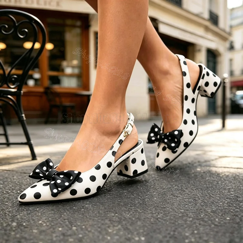 Wave Point Print Bow Knot Cut Heel Pumps Buckle Strap Women Shoes Chunky Heels Pointed Toe Party Dating 2026 Zapatos Para Mujere