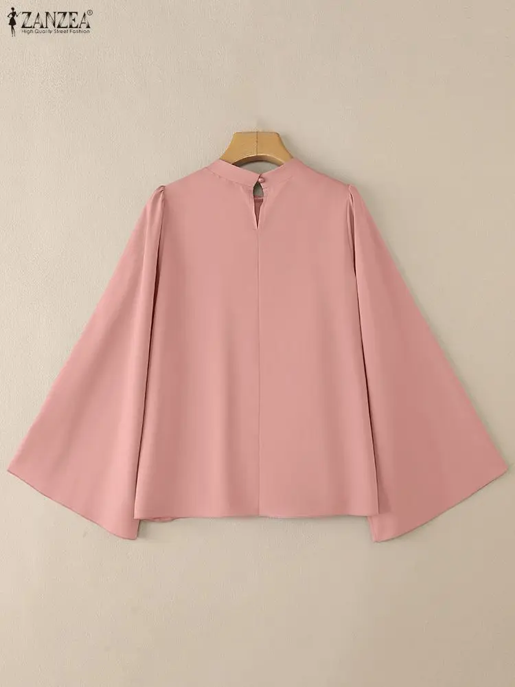 Femmes élégant Chic Plisse Blouses col montant manches longues évasées couleur unie hauts plissés ZANZEA automne mode femme vêtements
