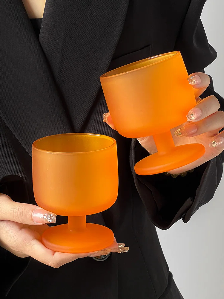 Copa de Vino de Vidrio de Tallo Corto Naranja, Textura Esmerilada, Estilo Nórdico, para Vino Dulce, Uso Doméstico, Copa de Vi...