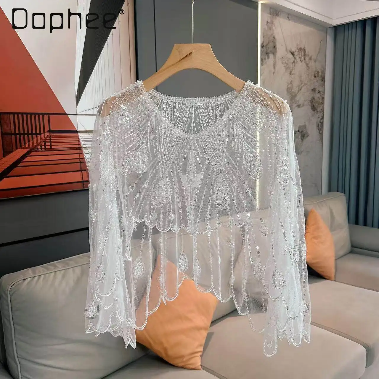 

Heavy Industry Bead Lace V-Neck Thin Mesh Shawl Jacket Women European American Fashion Lotus Leaf Edge V-Neck Cloak Short Jacket