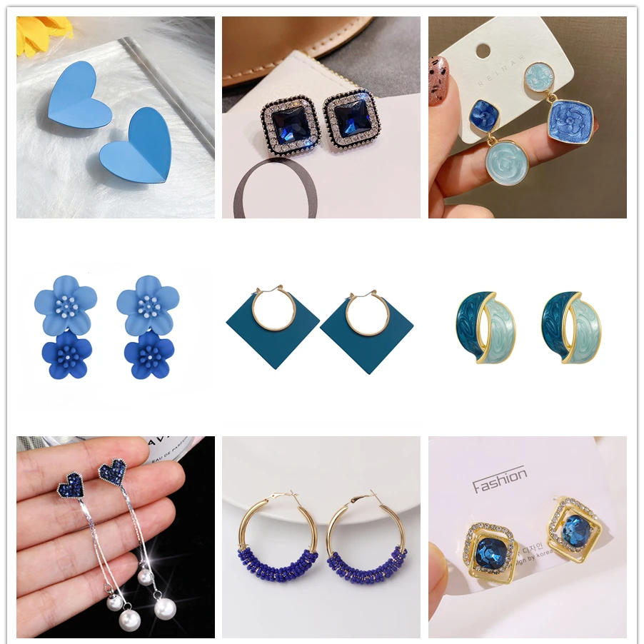 Sweet Blue Heart Flower Drop Earring for Women Leaf Crystal Bead Square Pearl Earring Wedding Party Jewelry Girl Friend Gifts