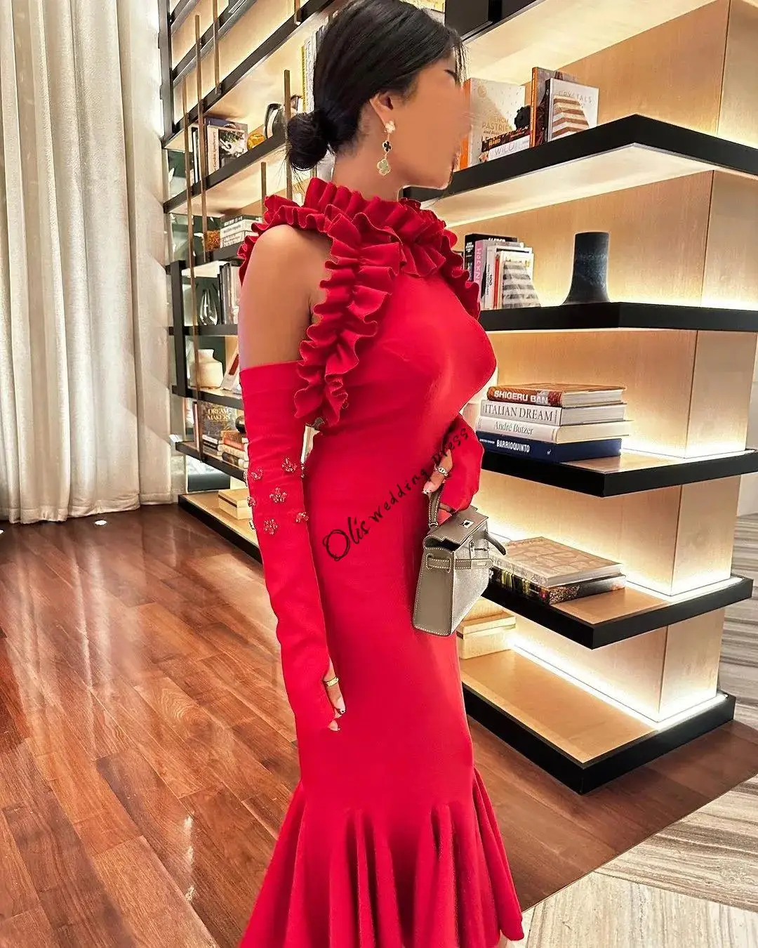 customized  Elegant Mermaid Prom Dresses High Neck Sleeveless Pleated Beadings Ankle Length Red Party Dresses Evening Dresses