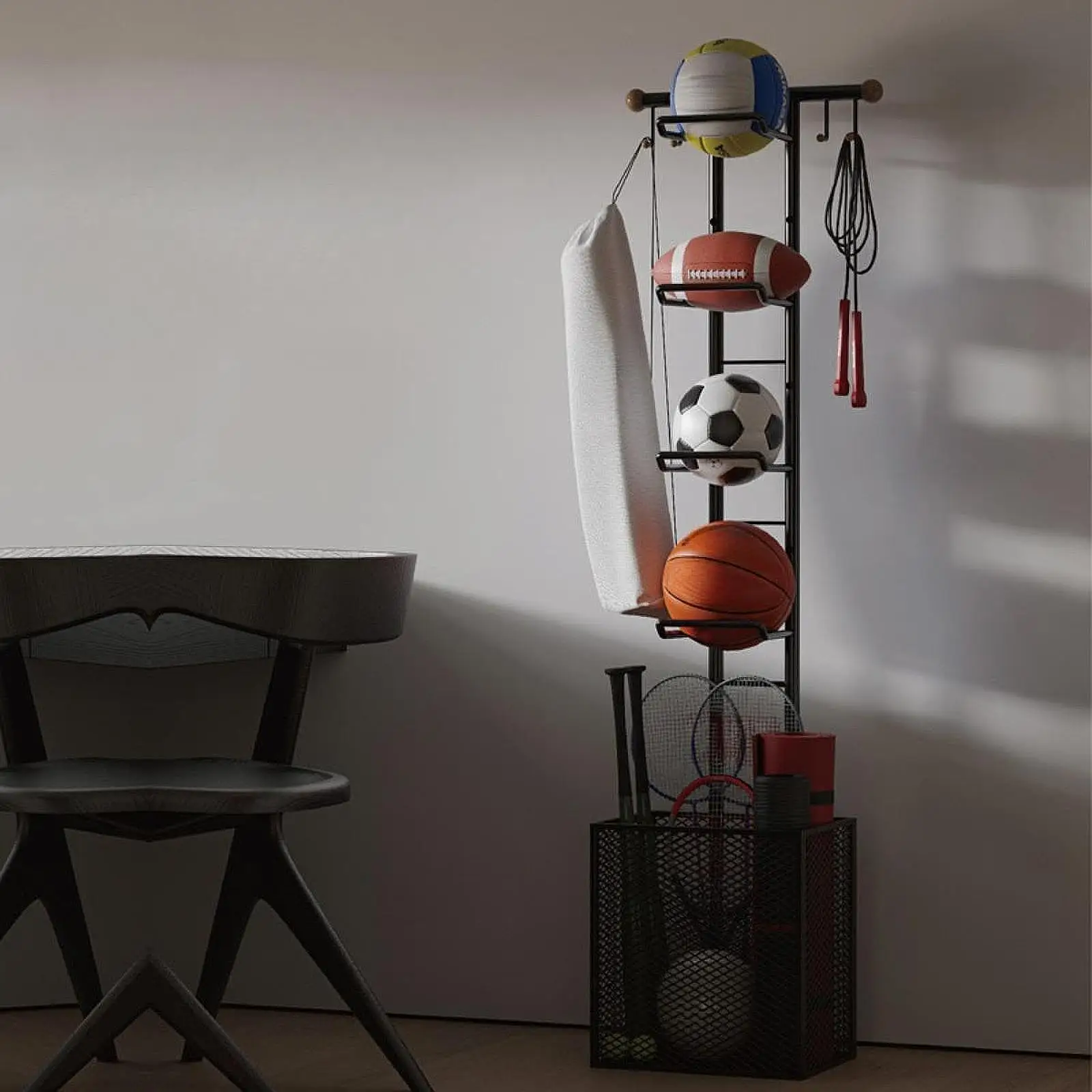 Sports Equipment Rack Basketball Ball Storage Rack for Badminton Yoga Mat