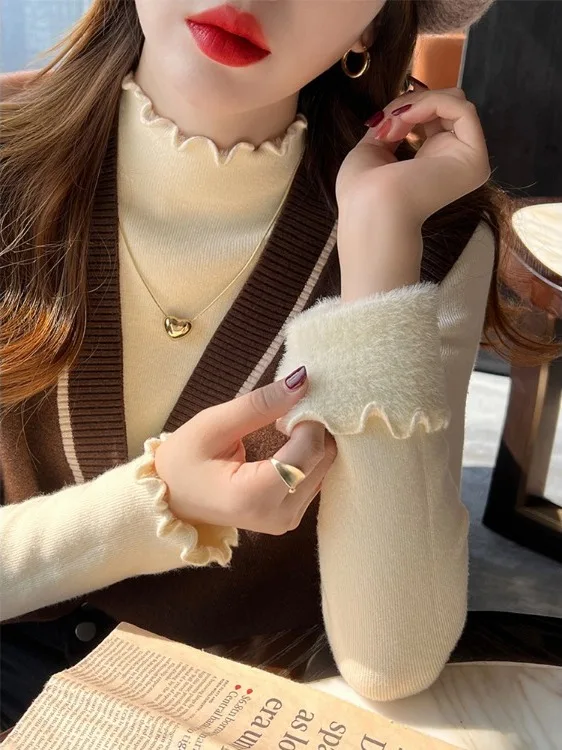 

Женский утепленный свитер с высоким воротником, весна 2026, новинка, базовый топ из искусственного меха, мягкий корейский стиль, для повседневной носки