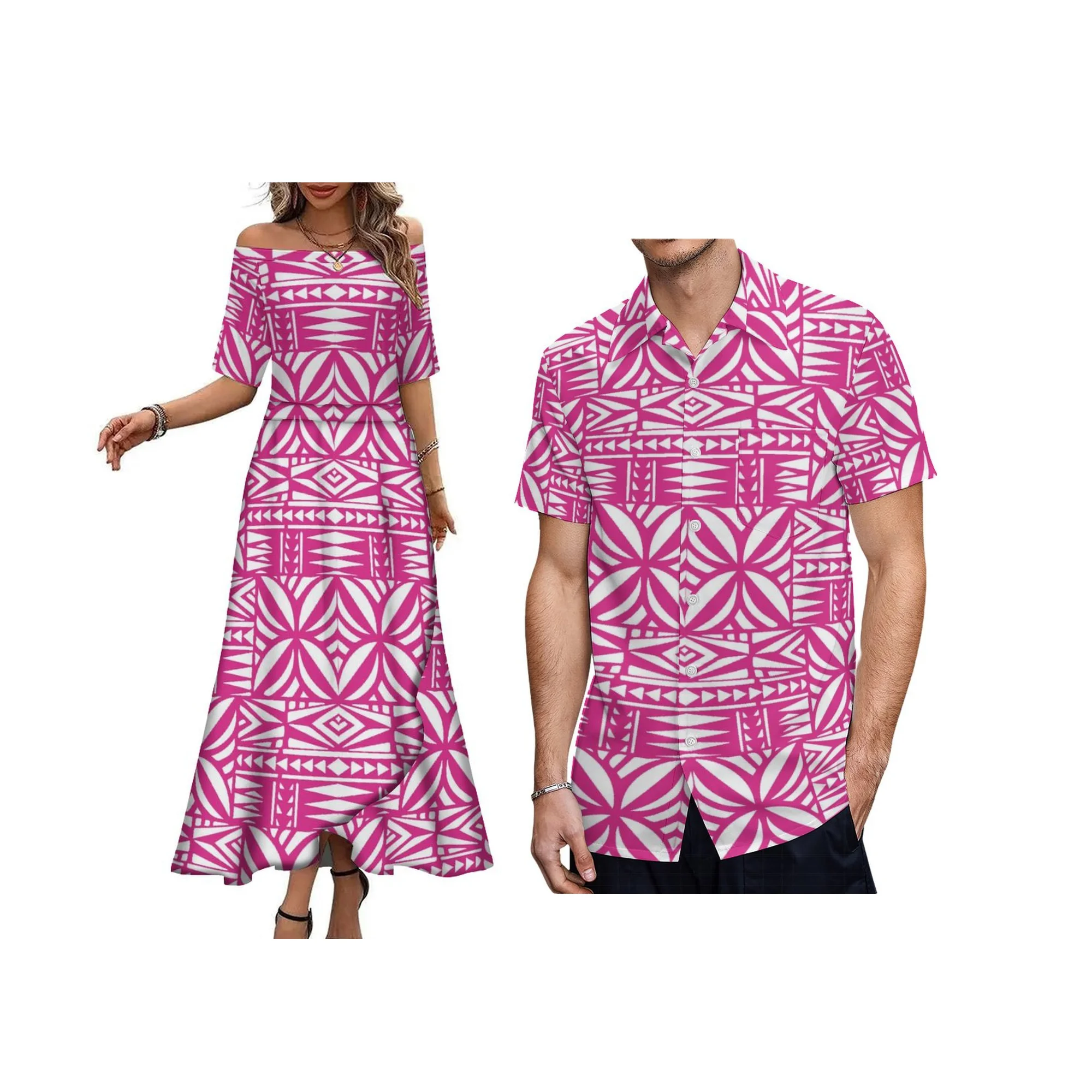 Hoge kwaliteit groothandel op maat Hawaii printontwerp off-shoulder damesjurk Samoaanse casual eilandjurk met halve mouwen
