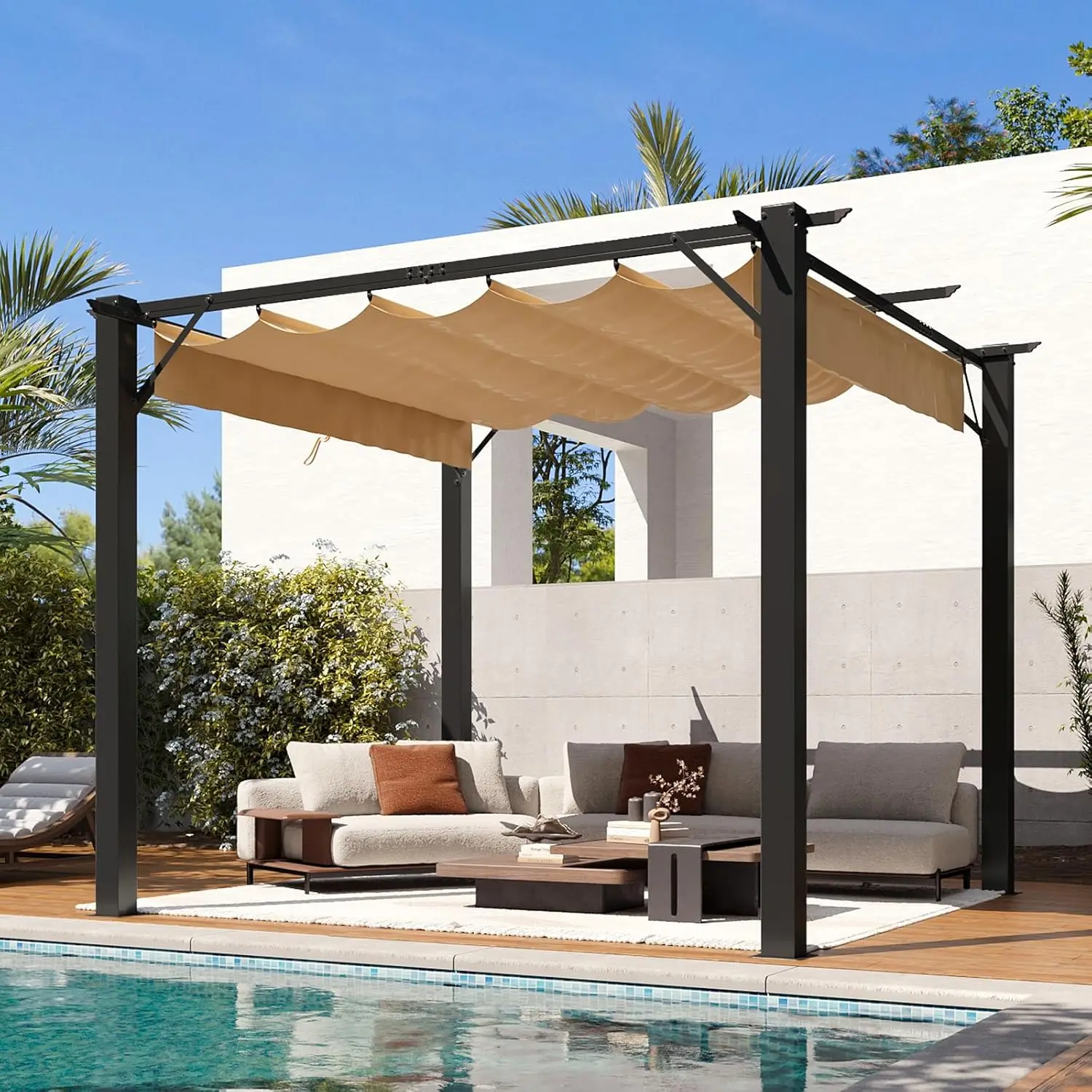 

10'x10' Outdoor Pergola, Upgraded Canopy with Adjustable Roof, Metal Patio Pergola with Brown Sun Shade Cover for Backyard,