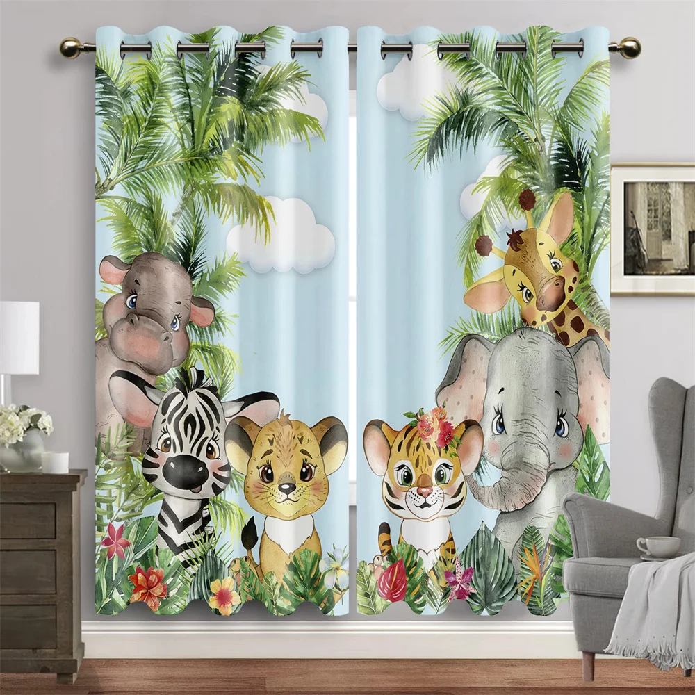 2 pcs Cartoon Animals Safari Jungle Forest Window Curtains For Living Room Kids Bedroom Kicthen Study Kindergarten Home Decor