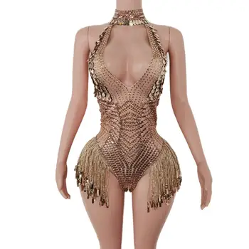 Roupa de discoteca sexy decote em v profundo lantejoulas bodysuit para mulher sparkly strass collant dança traje palco wear desempenho