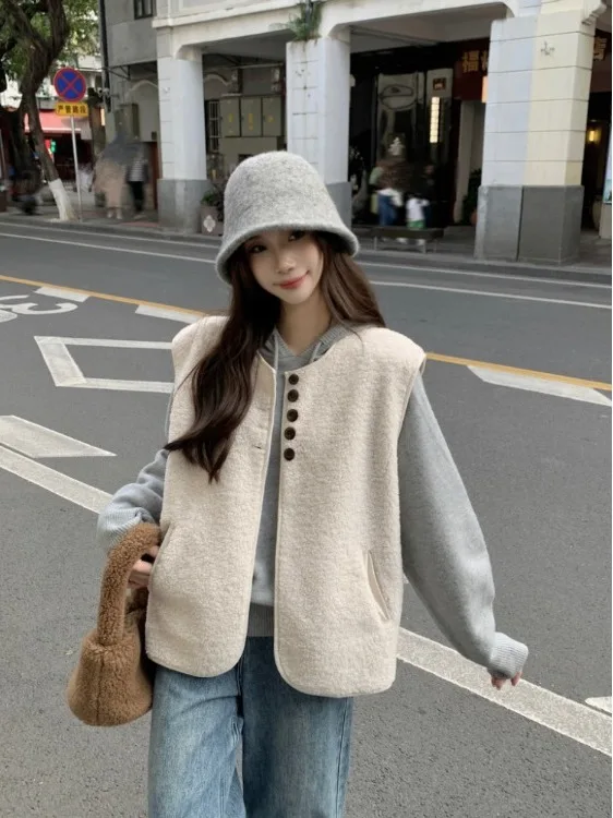 

Корейский многослойный жилет из меха ягненка, женский свободный утягивающий жилет на пуговицах, топ на осень-зиму