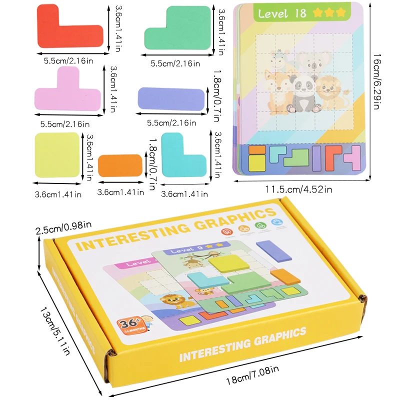 Juguete educativo de rompecabezas de madera, 7 bloques de construcción de colores de madera y 9 tarjetas de desafío de doble cara, juego de capacidad de pensamiento de ejercicio