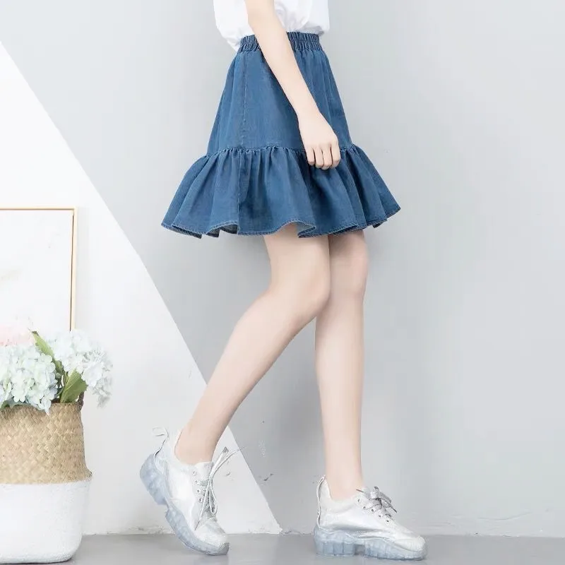 Summer high waist ball pleated skirts Harajuku Denim Skirts  Ruffled student jeans skirt  tutu skirt women  юбка шорты школьная