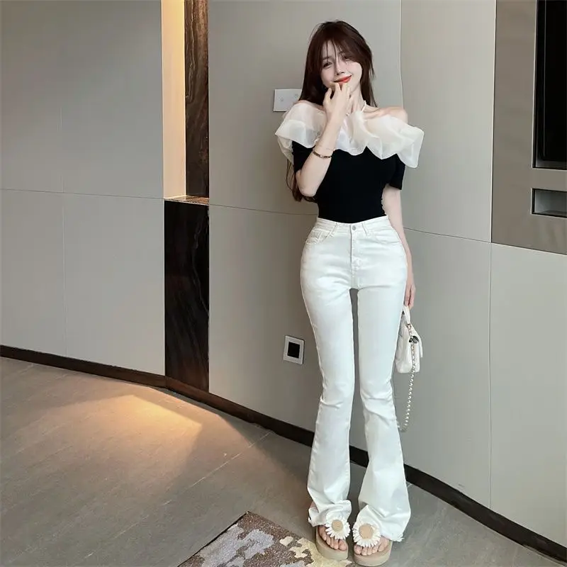 Retro Slim Blouses Women Holiday Sweet Patchwork Trendy Ins Slash Neck Hotsweet Korean Style Sexy Ladies Aesthetic All-match Y2k