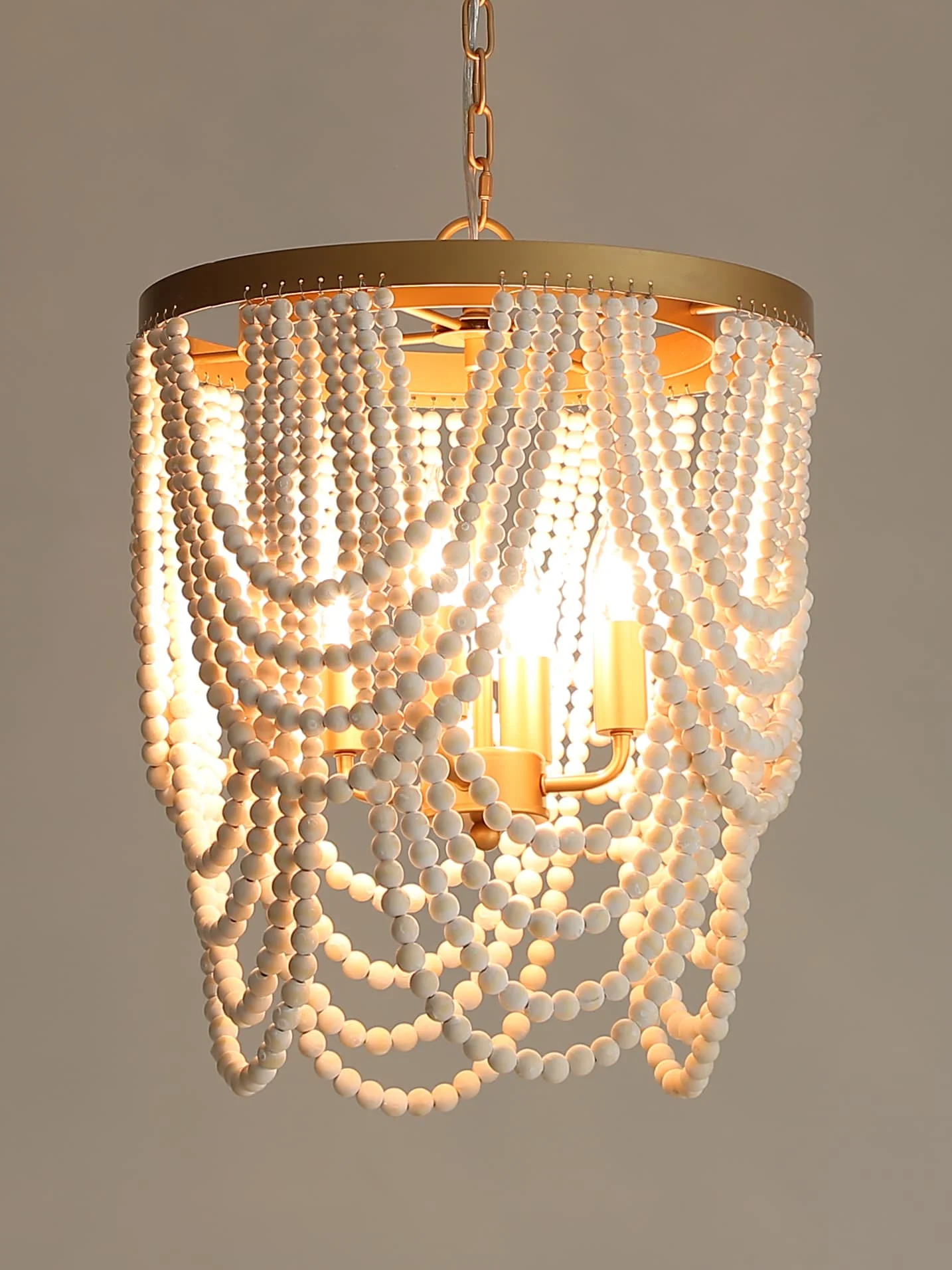 Gold Chandelier Wooden Beaded Lighting Fixture Fringe Hanging Light Kitchen Baby Kids Room Foyer Bedroom Dining Room Wood Lamp