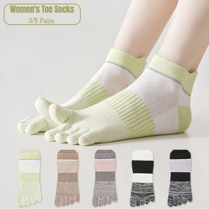 3/5 Pairs Women Five Toe Socks Breathable Mesh Ankle Athletic Socks 100% Cotton Relief Color Block Striped Sports Toe Socks