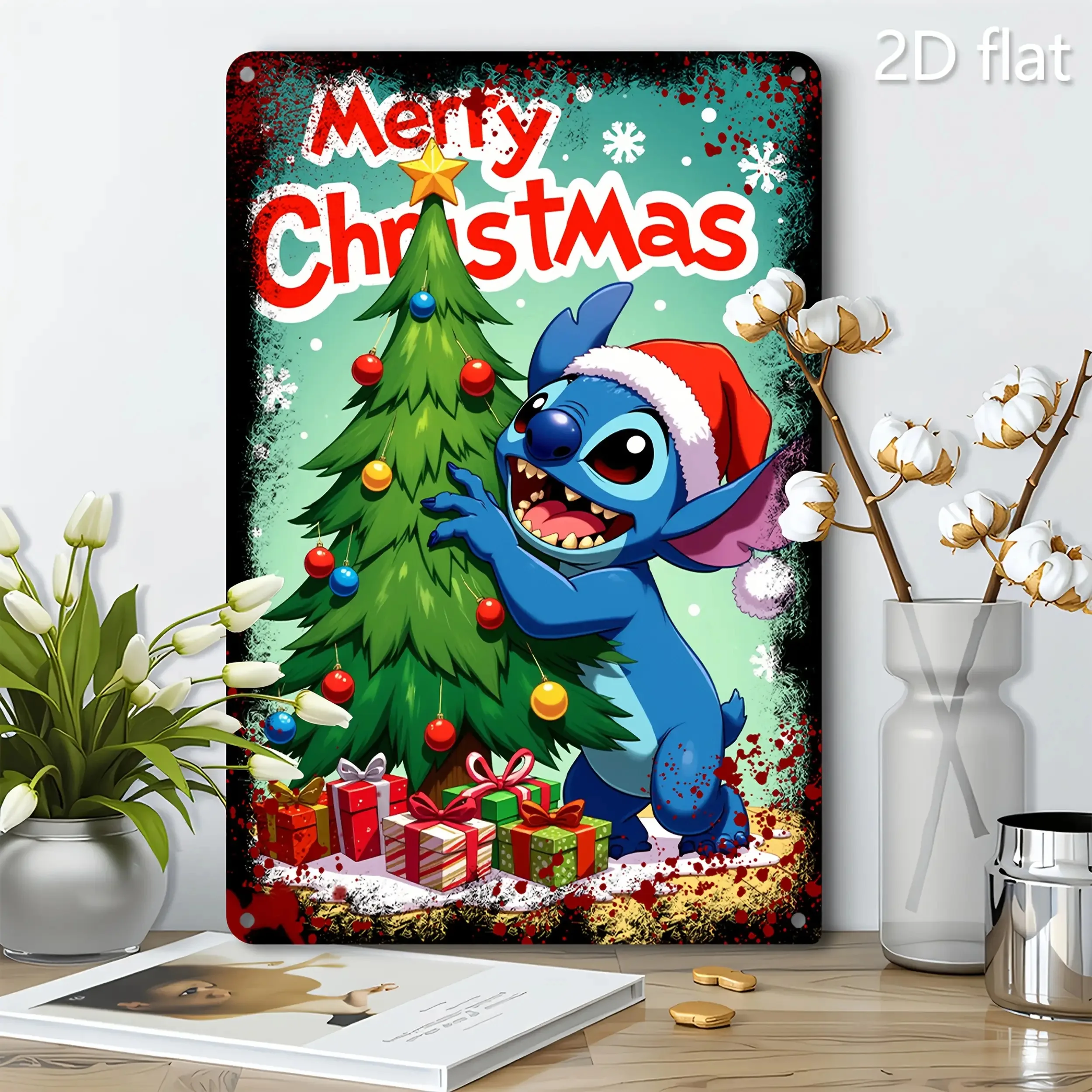 Plano 2D, Feliz Navidad Stitch Arte de pared plano 2D - Alien azul festivo con sombrero de Papá Noel, árbol verde y regalos, letrero de metal de aluminio para
