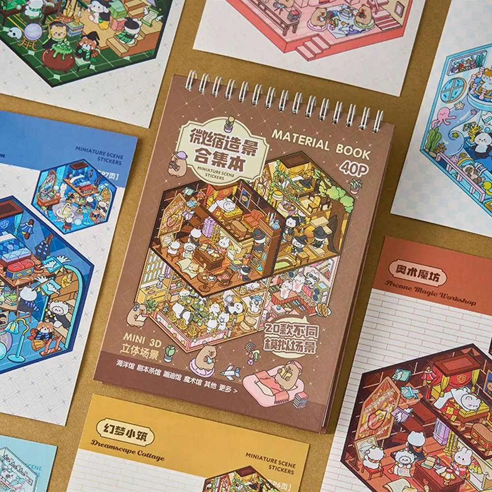 Buku Stiker Pemandangan Kabin 3D, Stiker Miniatur Kartun Susun Visual, Stiker Permainan Mainan Pemandangan Kabin DIY