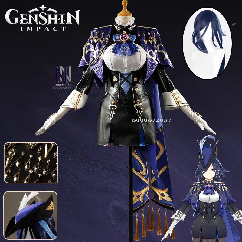 

Game Genshin Impact Clorinde Cosplay Costume Dress Wig Fontaine Uniform Cloak Hat Earrings Halloween Party Women Accessories