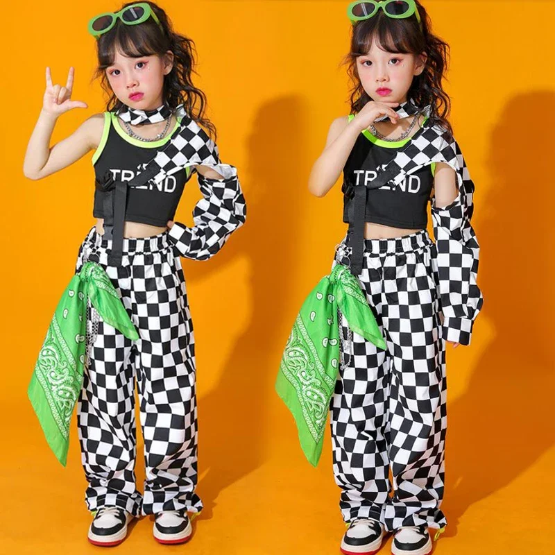 Checkered Cargo Pants for Girl Jazz Dance Costume Clothes Kids Teen Kpop Hip Hop Clothing Crop Top Tank Vest Casual Streetwear