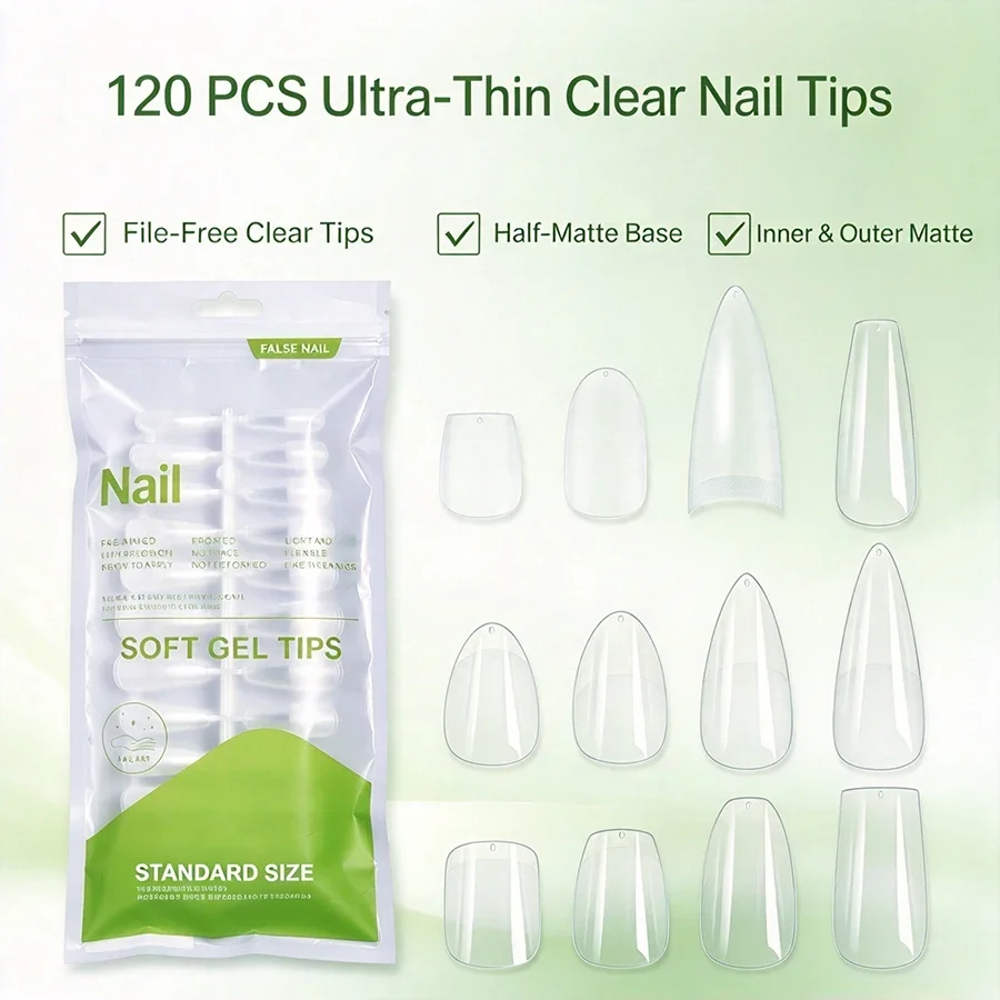 120Pcs Ultra-Thin Soft Gel Tips Transparent Traceless Press-On Coffin Nails for Natural Look Manicure