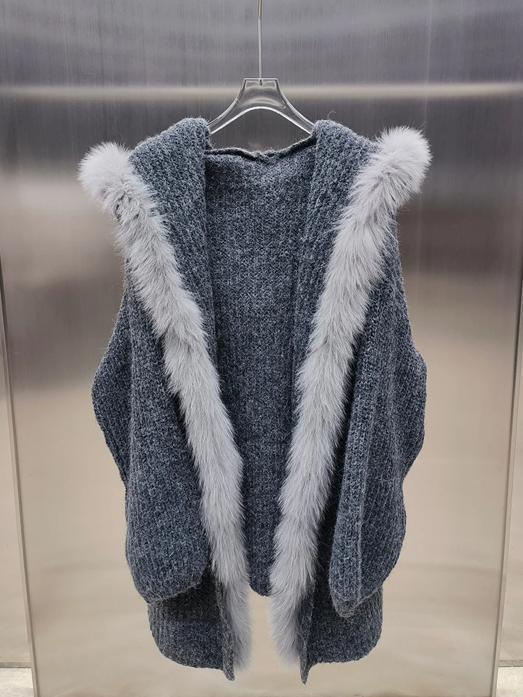 春秋暖かいセーターキツネの毛皮のフード付きカーディガン女性女性無地 Jackrt Femeale 高級コート