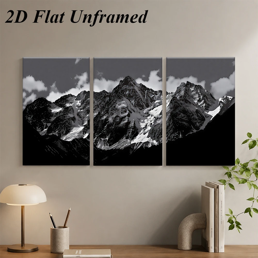 1 set of black and white triptych frameless decorative paintings of high mountains and snow mountains 2D plan