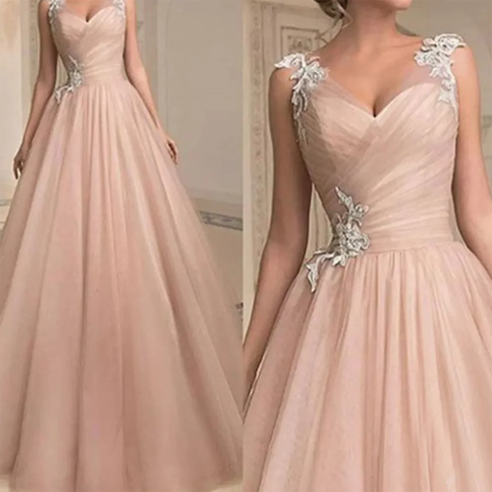 

Classic V-Neck Tulle Appliquins Pleat A-Line Formal Evening Dresses Birthday Party Prom Gowns Customized