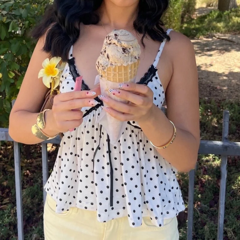 Women's y2k Lace Trim Polka Dot Babydoll Top Sexy Spaghetti strap Backless V Neck Bow Tie Up Peplum Going Out Tops